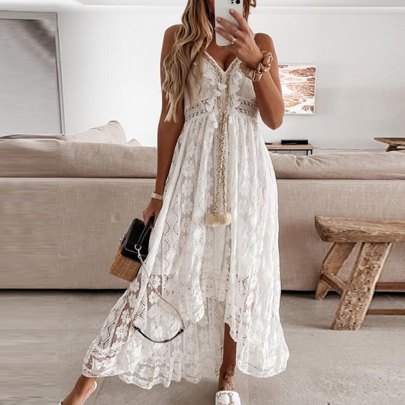 Boho White Lace Embroidered Tassel V-Neck Strapless Flowy Maxi Dress Sundress - Picture 9 of 10
